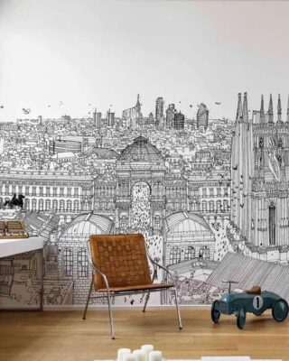 Fornitura e posa di carta da parati raffigurante Milano su una parete di un soggiorno