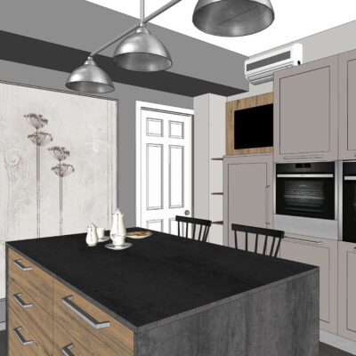 Design moderno di una cucina con un'isola centrale in legno e piano in pietra. Muri grigi sono decorati con un elegante motivo floreale. Due forni incorporati sono visibili, insieme a lampade metalliche e un clima. Dettagli sofisticati completano l'ambiente.