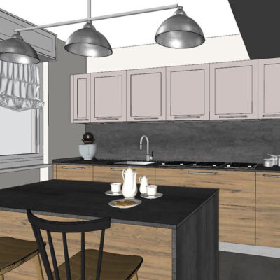 Design di una cucina moderna con isola centrale in legno, armadietti chiari e un'illuminazione elegante. Un'ambientazione contemporanea e funzionale.