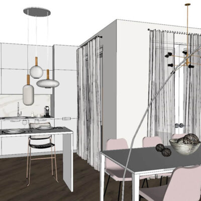 Progetto di interni che mostra una cucina moderna, con mobili bianchi, un tavolo da pranzo e sedie rosa. Lampade artistiche e tende leggere abbelliscono lo spazio.