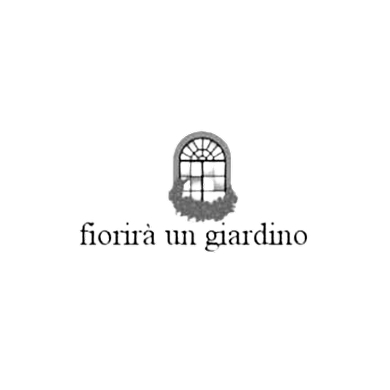 Logo di "fiorirà un giardino" con finestra decorativa e testo elegante, rappresenta temi di natura e bellezza.