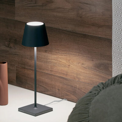 Una lampada moderna con paralume nero e base metallica accanto a un vaso in terracotta e un cuscino verde, su una superficie chiara. Illuminazione