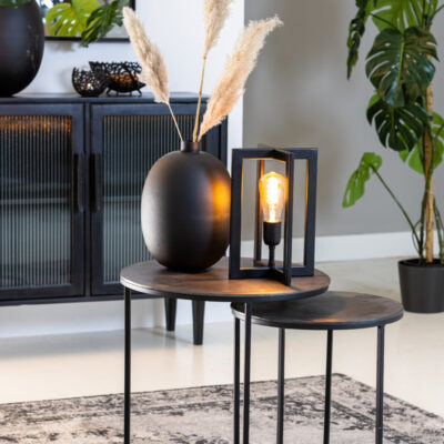 Una composizione di arredo moderno che include un vaso nero ovale, un lampione con lampadina a vista e piante decorative, su tavolini neri.