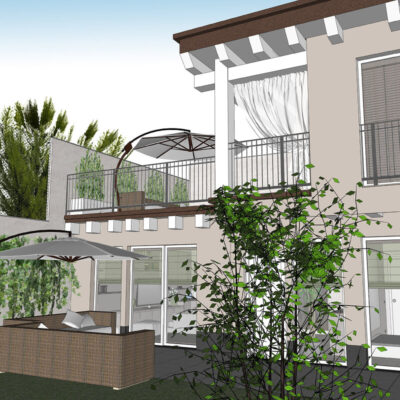 Vista 3D di una villa moderna con giardino, dotata di area relax, balconi e vegetazione verde rigogliosa.