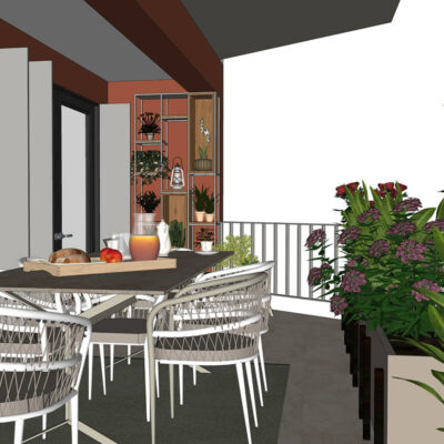 Una terrazza moderna con un tavolo da pranzo elegante, sedie bianche e piante verdi. Sullo sfondo, un'area decorativa con piante e oggetti. Atmosfera accogliente e rilassante.