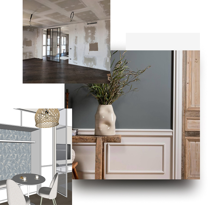 Collezione di immagini che mostrano interni minimalisti, con pareti verdi, arredi in legno e decorazioni floreali. Gli spazi riflettono uno stile moderno e accogliente, evidenziando l'eleganza degli elementi.