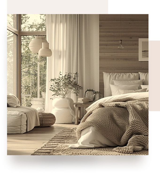 Interno di una camera da letto accogliente, con un letto matrimoniale, coperte morbide e decorazioni naturali. La luce del sole entra attraverso le finestre, creando un'atmosfera serena.